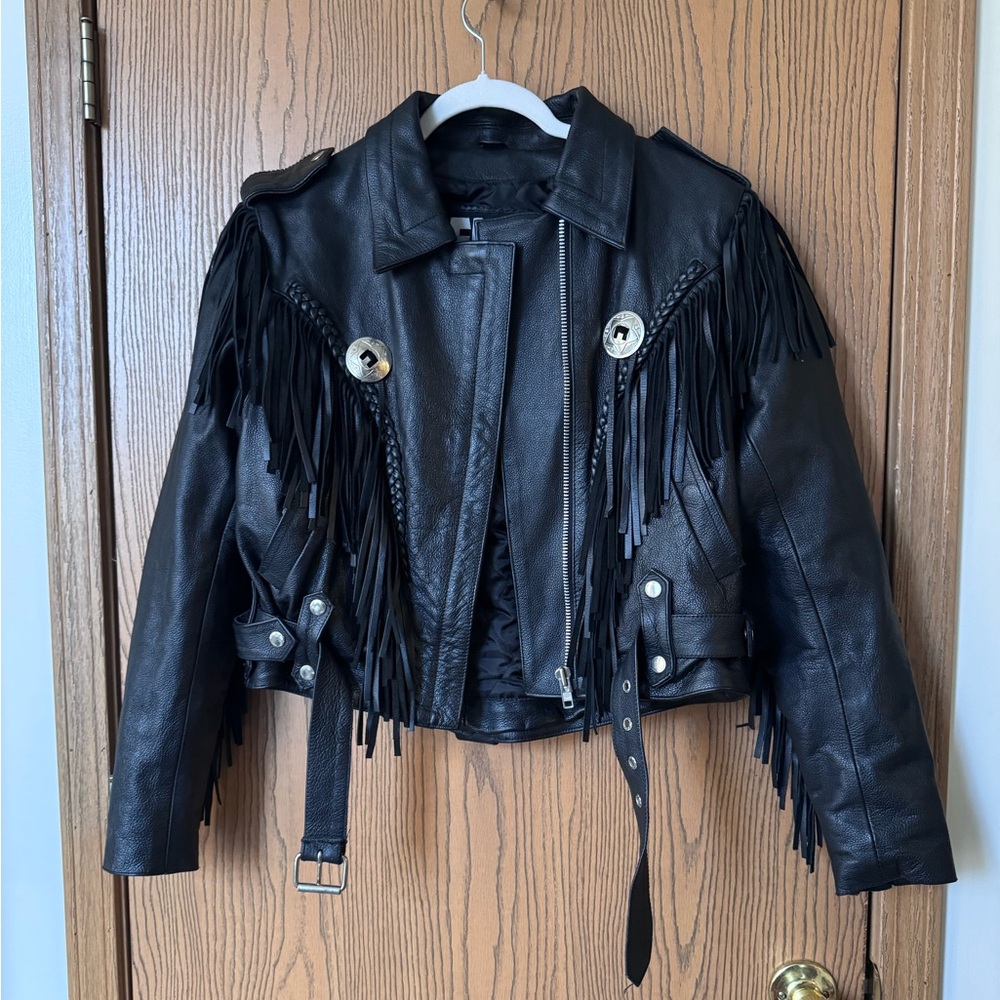 Vintage FMC black leather motorcycle jacket size medium with fringe and conchos